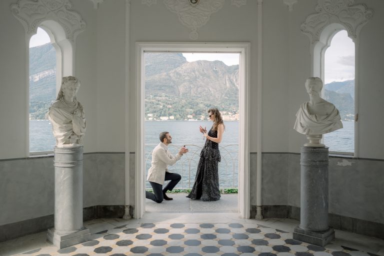 surprise proposal in the moorish temple of villa melzi in bellagio on lake como
